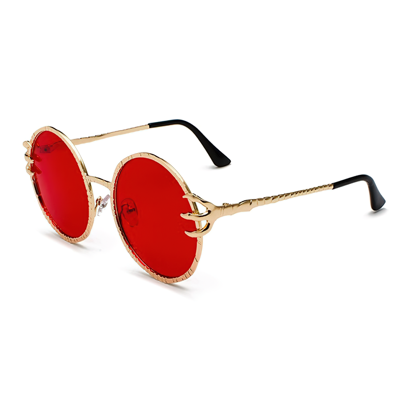 Retro Skull Claw Round Sunglasses with red lenses and metal frame, perfect for gothic style outfits and Halloween events.