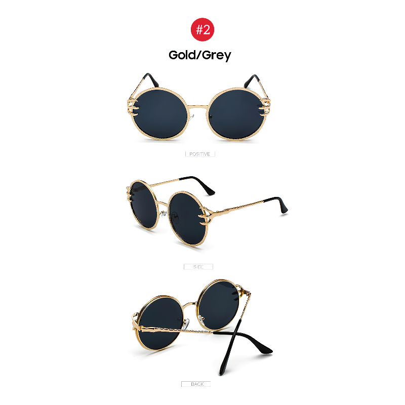 Gold and grey round sunglasses showcased from three angles, featuring stylish gothic design and sleek metal frame.