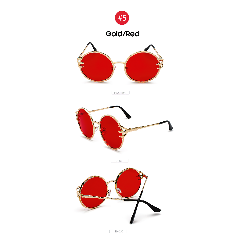 Gold and red round sunglasses featuring a stylish metal frame, showcasing a positive, side, and back view.