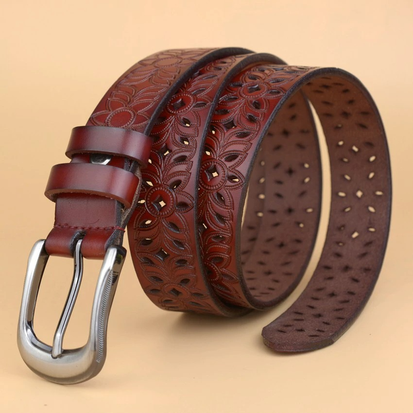 Genuine Leather Hollow Flower Carved Women Belt / Rock Style Pin Buckle Decorative Belt - HARD'N'HEAVY