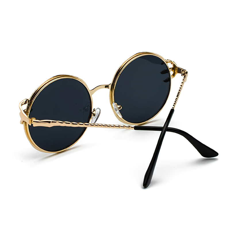 Retro skull claw round sunglasses with black lenses and gold frame, perfect for gothic style outfits and Halloween.