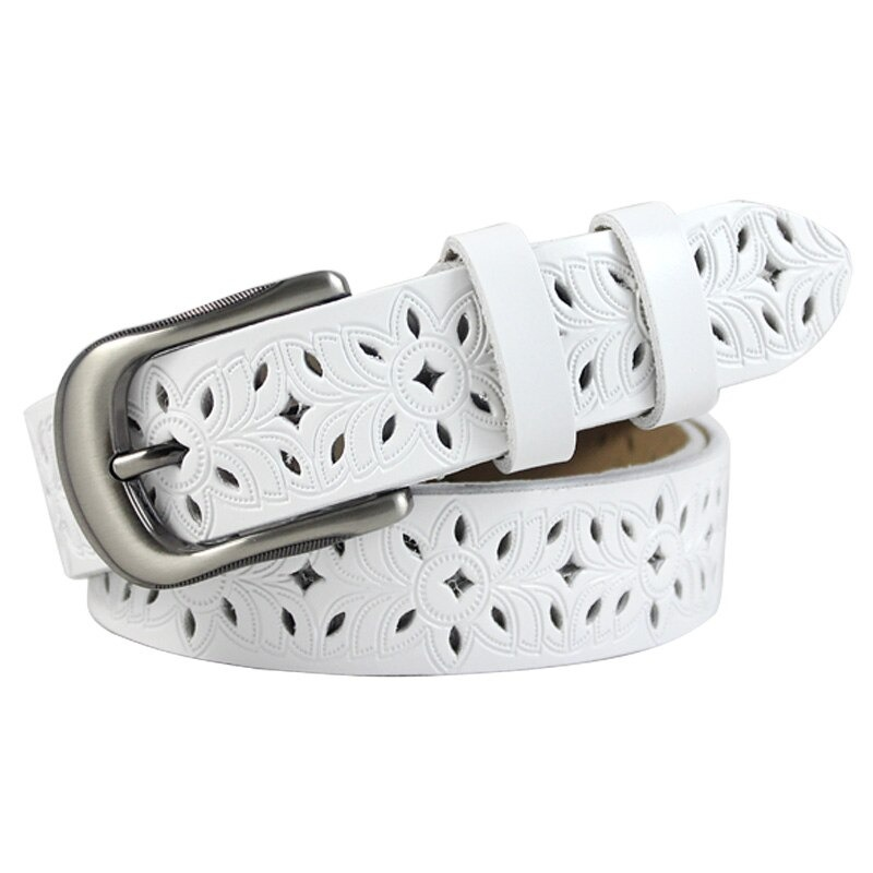 White genuine leather belt with hollow flower carvings and stylish pin buckle, perfect for chic outfits.
