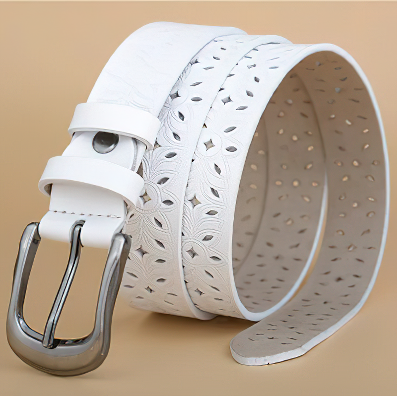 Genuine leather hollow flower carved white women's belt with stylish pin buckle, perfect for rock-style outfits.
