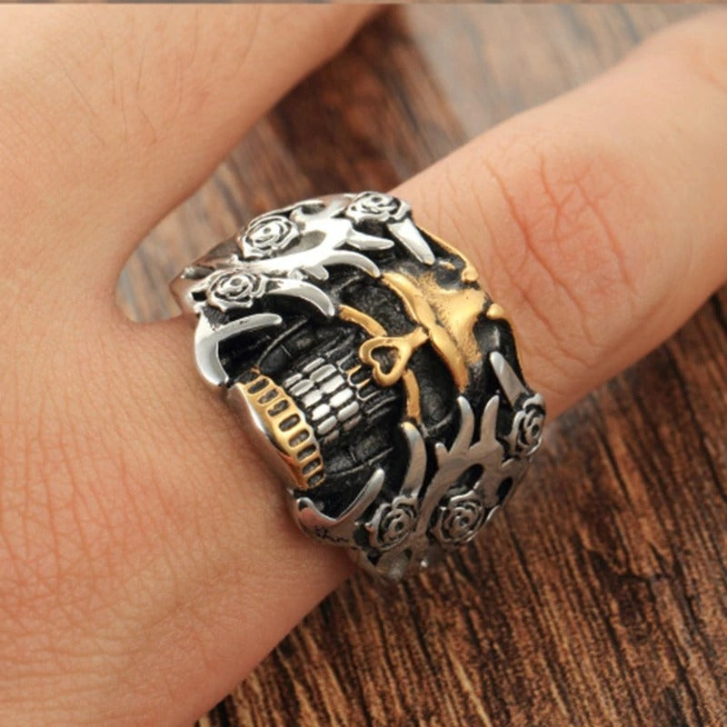 Retro skull double color ring with roses, perfect for punk rock style, durable zinc alloy for all adventures.