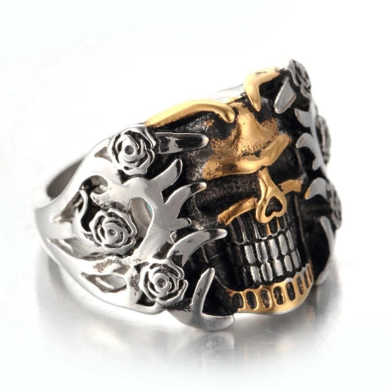 Retro skull double color ring with roses, punk rock style, made of zinc alloy, perfect for alternative fashion lovers.