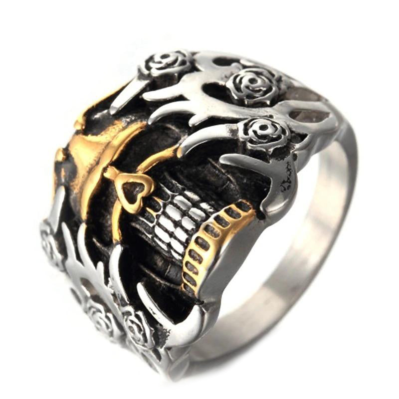 Retro skull double color ring with roses, perfect for punk rock style and alternative fashion. Sizes 6-13 available.