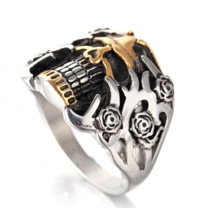 Stylish retro skull double color ring with roses, made of zinc alloy, perfect for punk rock enthusiasts.