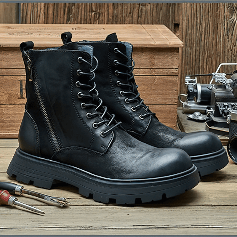 Retro Thick Bottom Zipper Motorcycle Boots / Male Cool Lace-Up Biker Shoes