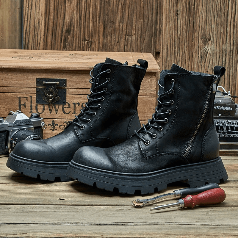 Retro Thick Bottom Zipper Motorcycle Boots / Male Cool Lace-Up Biker Shoes