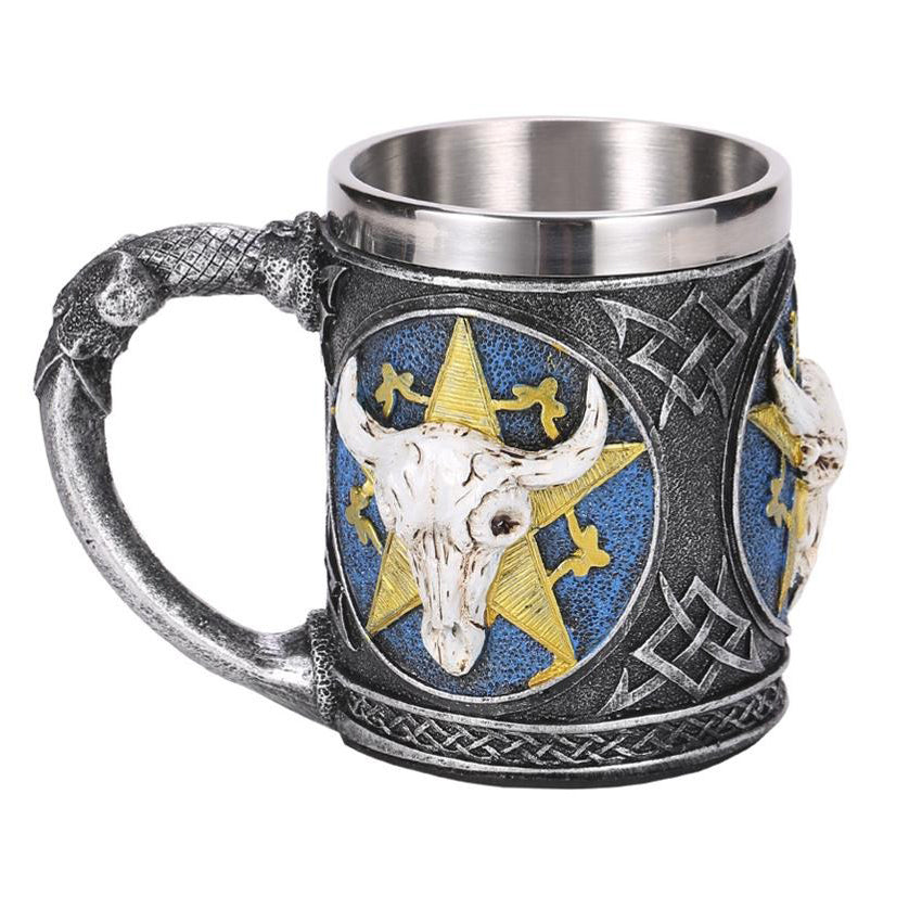 Retro Viking pub bar mug featuring a bull head design and intricate patterns, perfect for beer lovers.