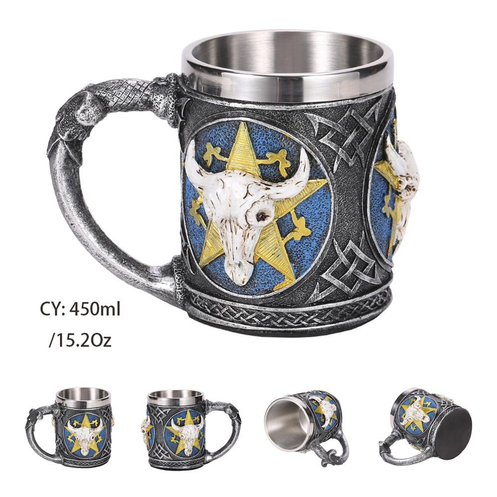 Retro Viking Pub Mug with bull head design, 450ml stainless steel, perfect for gifts or mug collection.