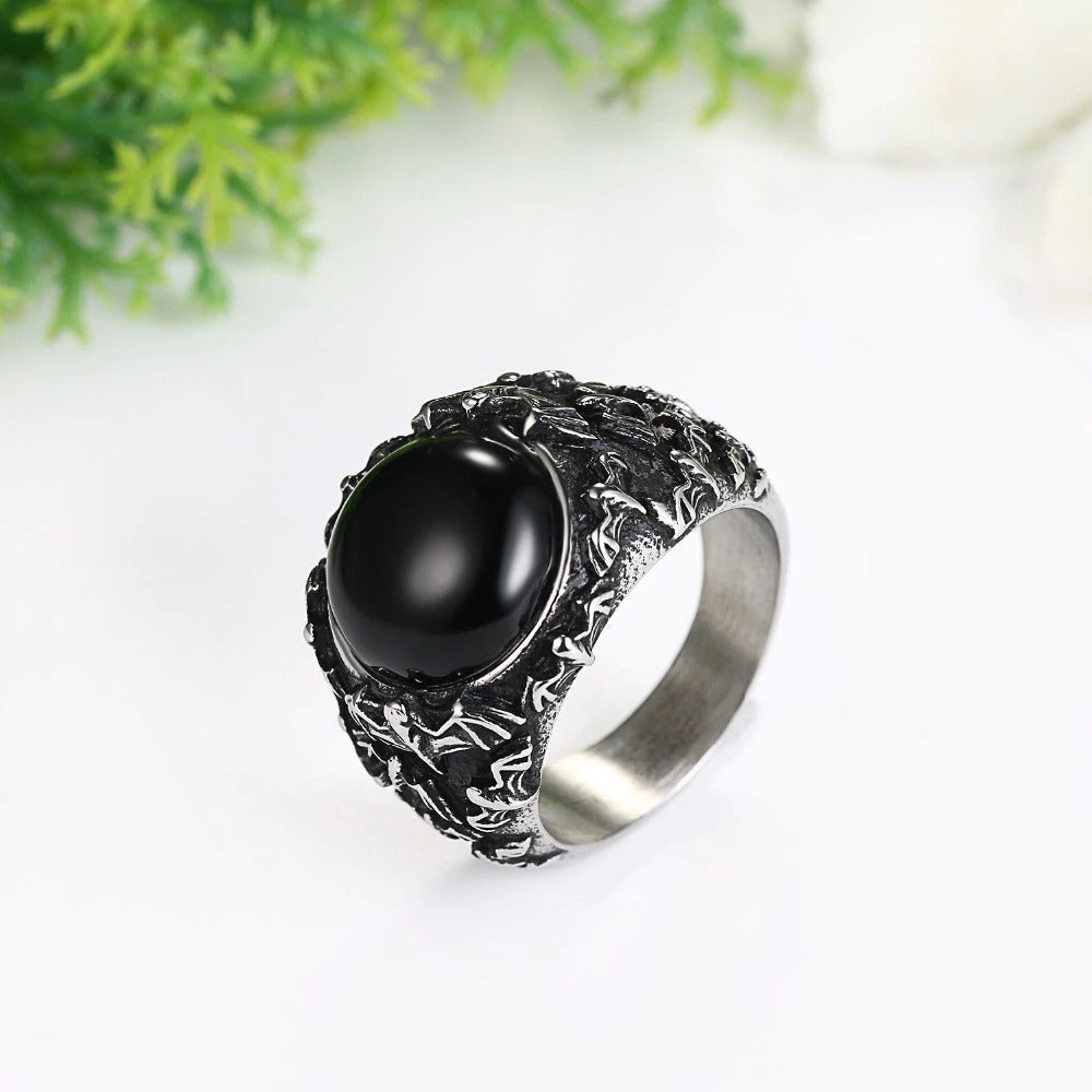 Retro Vintage Gothic Black Stainless Steel Ring With Tiger Eye / Rocker Jewelry - HARD'N'HEAVY