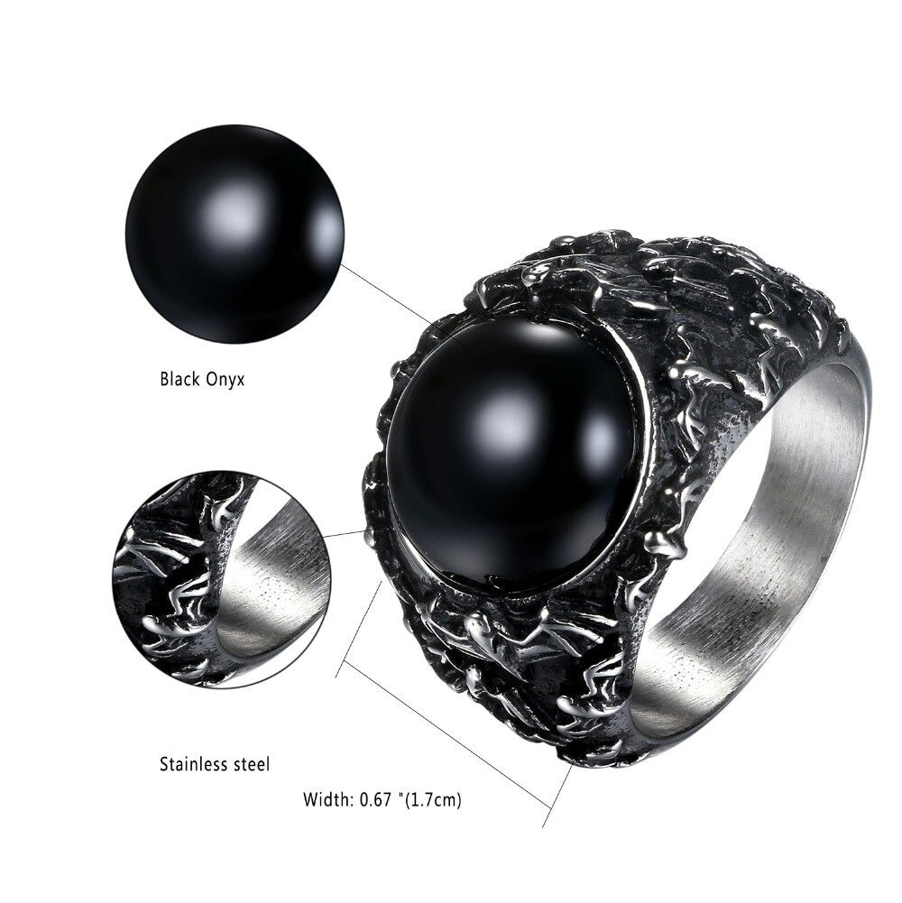 Retro vintage gothic black stainless steel ring featuring a striking black onyx stone, perfect for rocker jewelry enthusiasts.