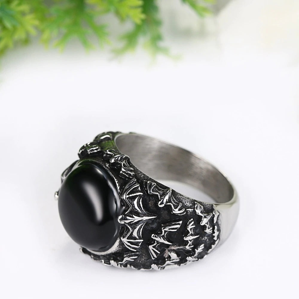 Retro Gothic black stainless steel ring with black onyx stone, perfect for vintage jewelry lovers and monochrome outfits.