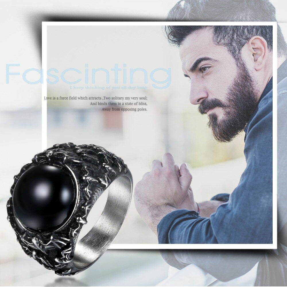Vintage Gothic black stainless steel ring with black onyx, perfect for rocker jewelry lovers.