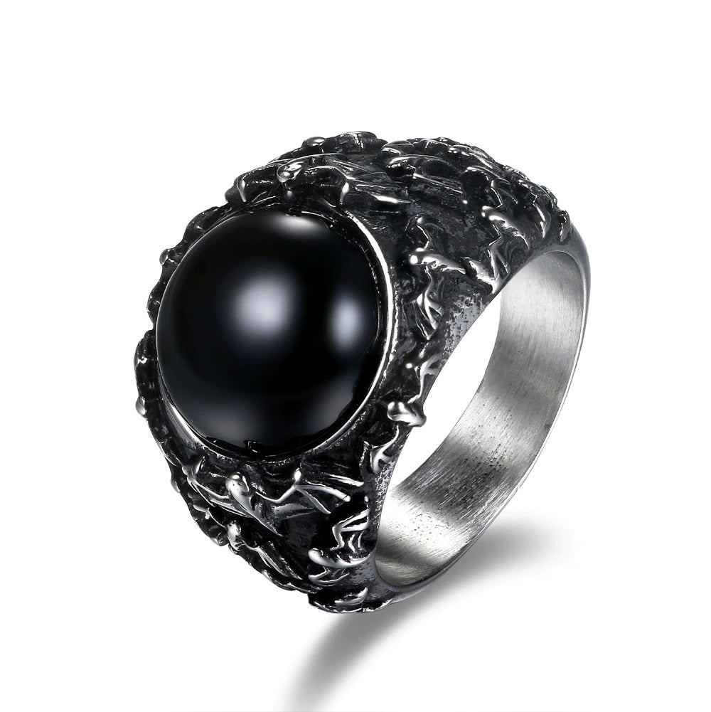 Retro vintage gothic black stainless steel ring with onyx stone, perfect for rocker jewelry outfits.