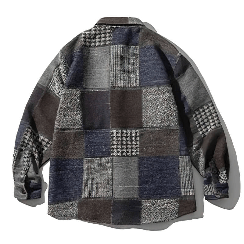 Back view of a retro woolen plaid shirt with a cozy loose fit, perfect for casual men's fashion.