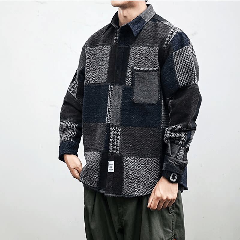 Men's Retro Woolen Plaid Shirt with Fashion Buttons, Loose Fit and Cozy Style for Casual Wear.