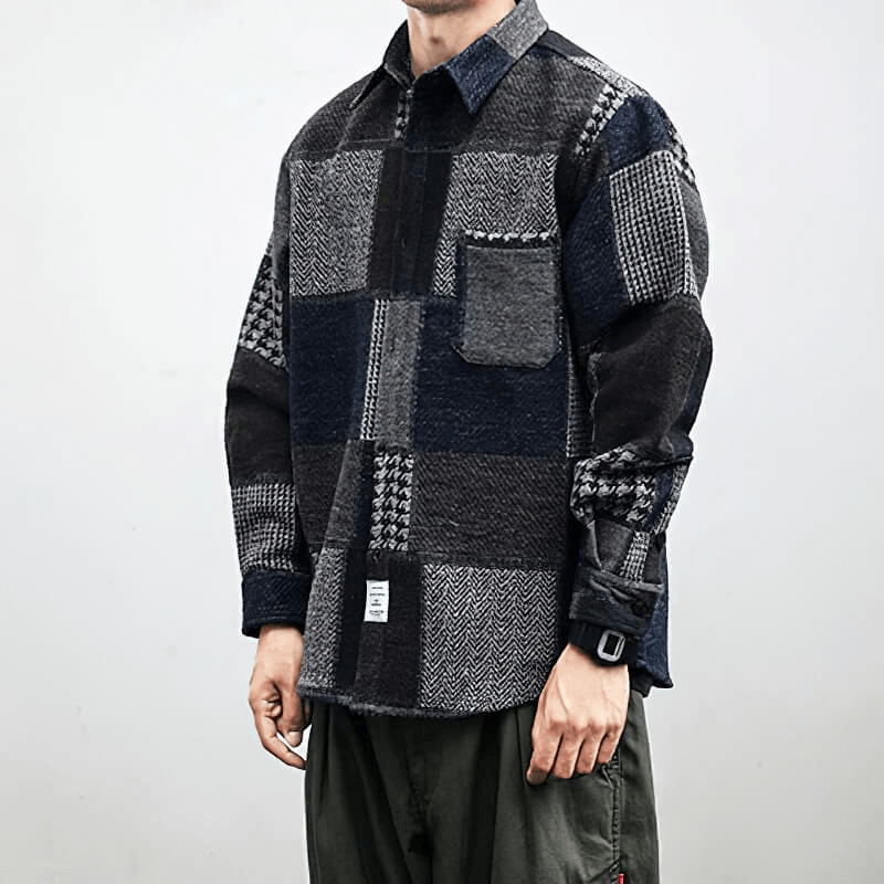 Men's retro woolen plaid shirt with casual loose fit and stylish buttons, perfect for cozy everyday wear.