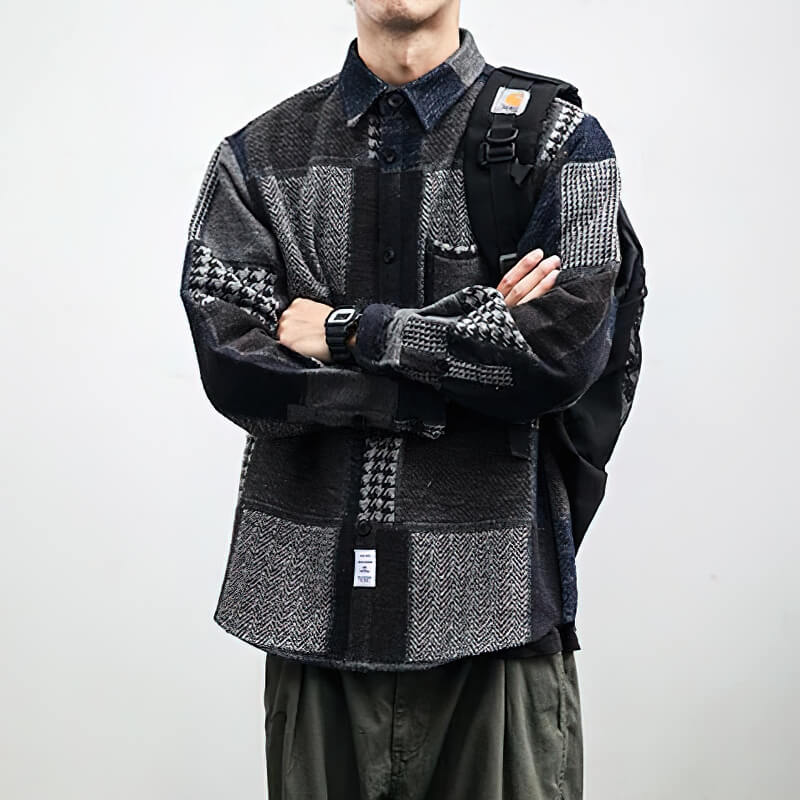 Retro Woolen Stitching Plaid Shirt / Fashion Buttons Thick Shirts / Casual Loose Men's Clothes