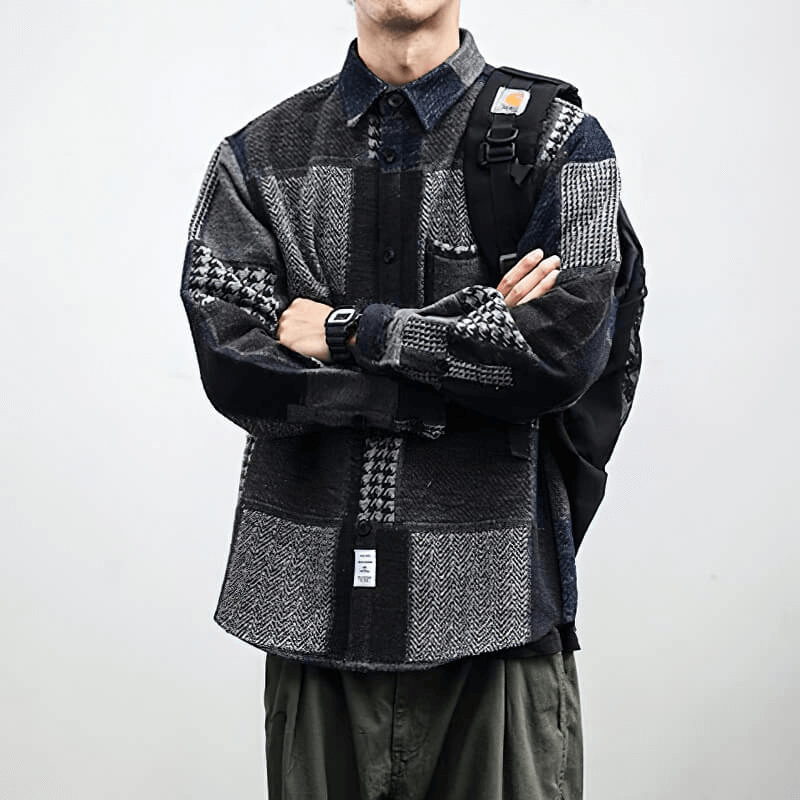 Men's retro woolen plaid shirt featuring a loose fit and stylish buttons, perfect for casual wear.