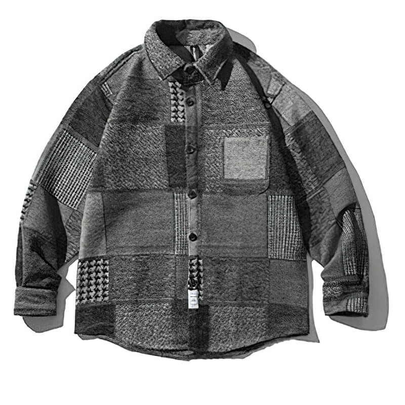 Men's loose retro plaid shirt with fashion buttons and woolen stitching, perfect for casual wear.