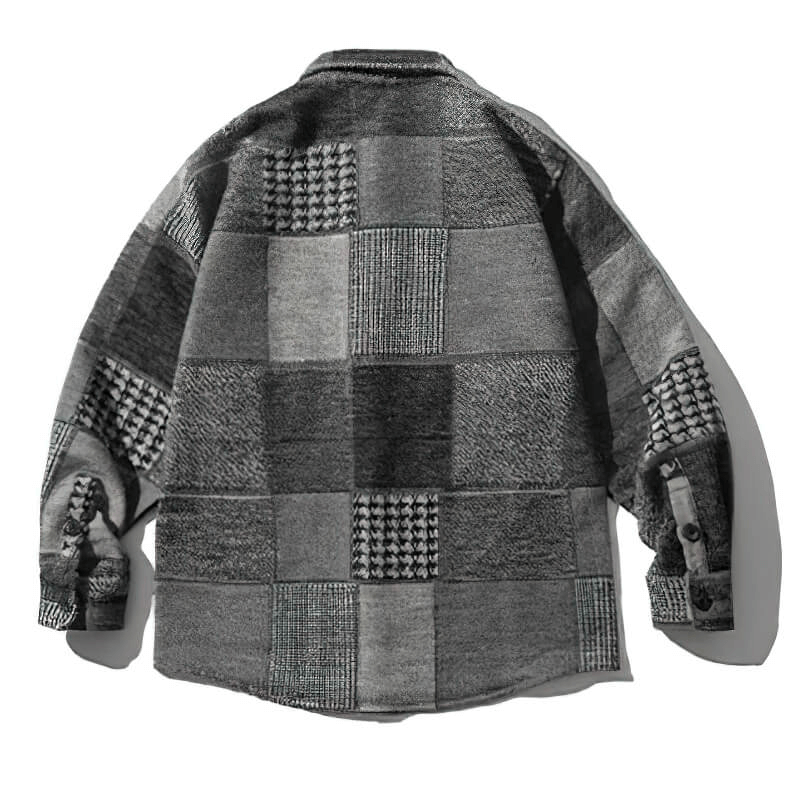 Back view of a retro woolen plaid shirt with thick buttons, showcasing a cozy loose fit and stylish patchwork design.