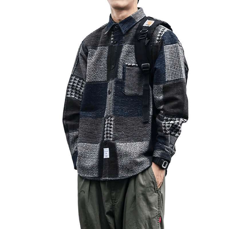 Men's retro woolen plaid shirt featuring a loose fit, casual style, and stylish patchwork design.