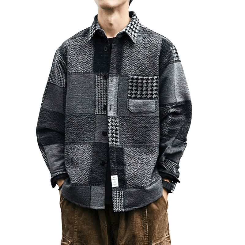 Men's retro woolen plaid shirt with fashion buttons and loose fit for casual style. Cozy and stylish outfit for men.