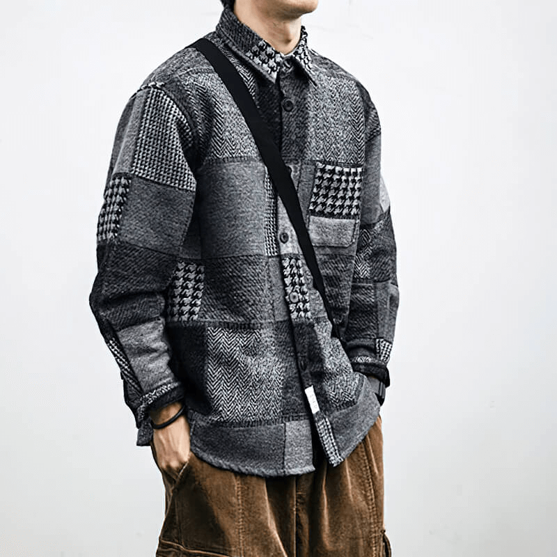 Men's retro woolen plaid shirt with buttons, showcasing a casual loose style and trendy patchwork design.