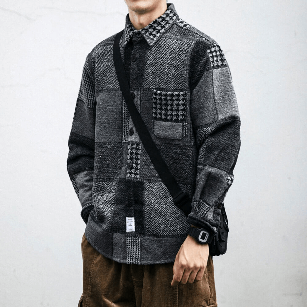 Men's retro woolen plaid shirt with button details, featuring a loose fit and stylish patchwork design.