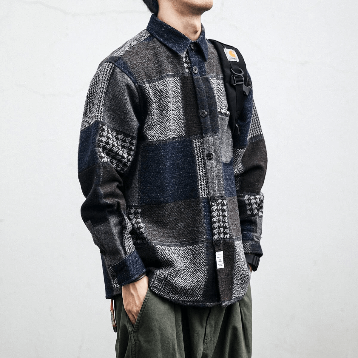 Men's retro loose woolen shirt, stylish plaid design, casual and comfortable, perfect for a cozy wardrobe upgrade.