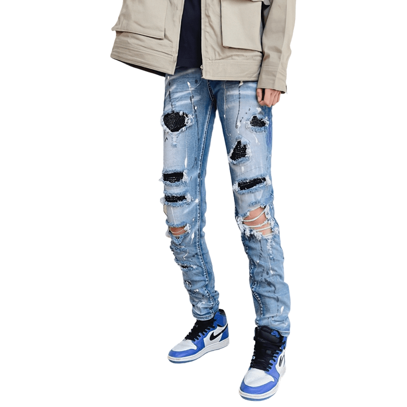 Rhinestone Crystal Patchwork Jeans / Ripped Stretch Denim Pants for Men / Casual Slim Fit Trousers