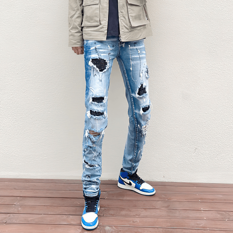 Rhinestone Crystal Patchwork Jeans / Ripped Stretch Denim Pants for Men / Casual Slim Fit Trousers