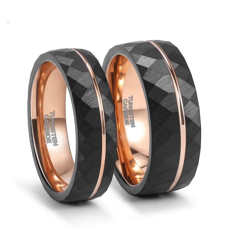 Rhombus patterned tungsten steel band rings in black and rose gold, stylish unisex retro jewelry.