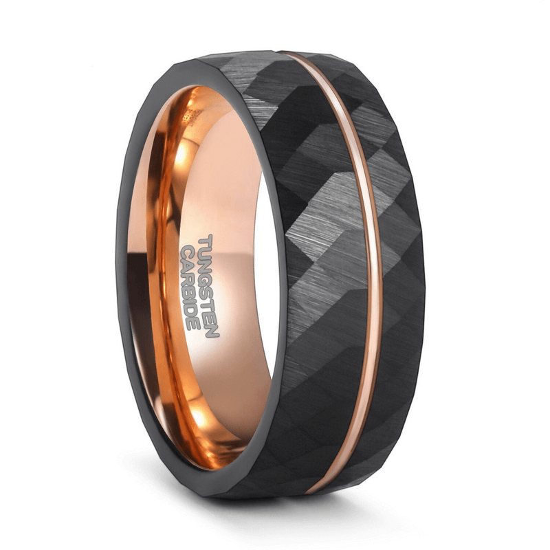 Rhombus patterned tungsten carbide band ring with a stylish black and copper finish for men and women.