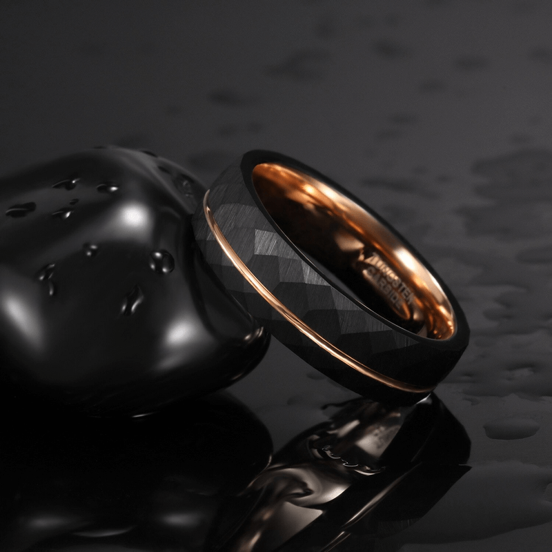 Unisex rhombus patterned tungsten steel band ring with a stylish copper edge, set against a sleek black background.