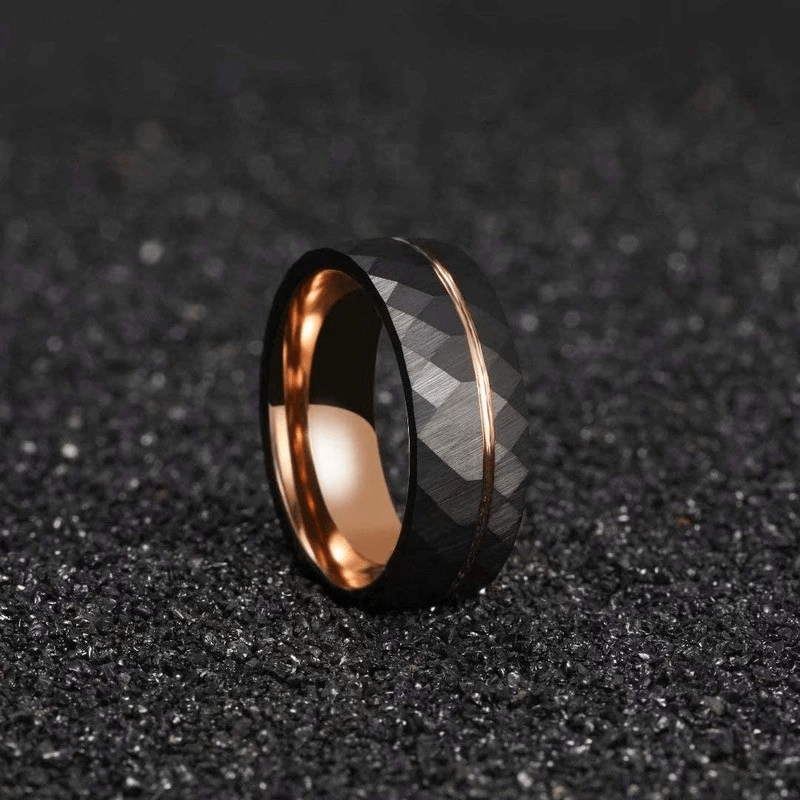 Rhombus patterned black tungsten steel band ring with copper accents - unisex retro jewelry piece.
