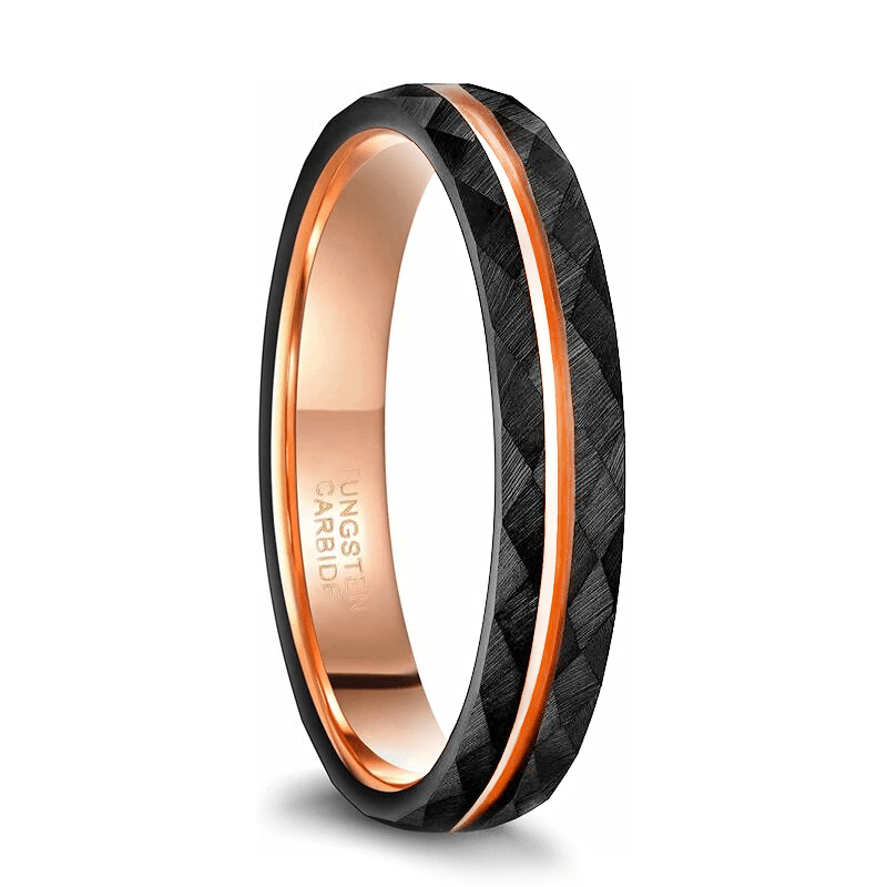 Cool rhombus patterned tungsten steel band ring with rose gold accents for unisex style.