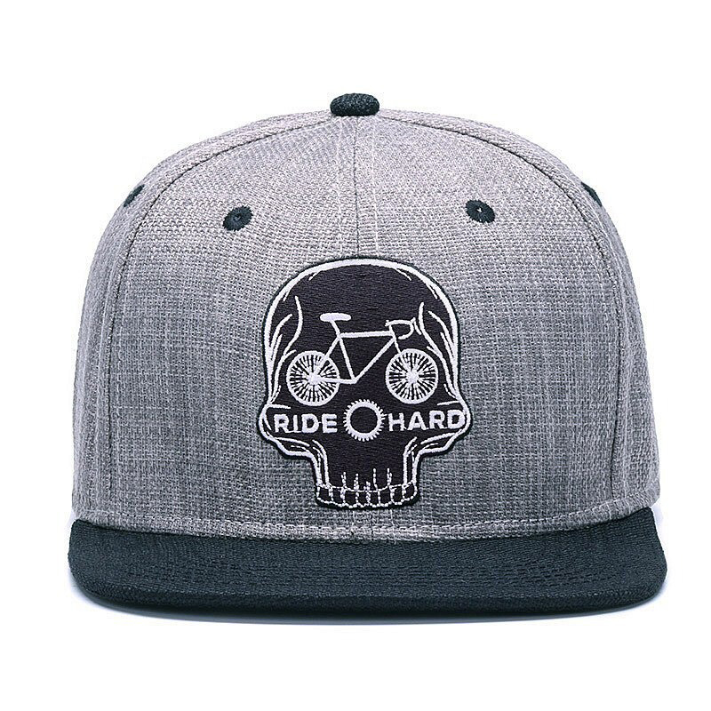 Ride Hard Skull Baseball Cap with bicycle print, edgy snapback hat for biker style enthusiasts.