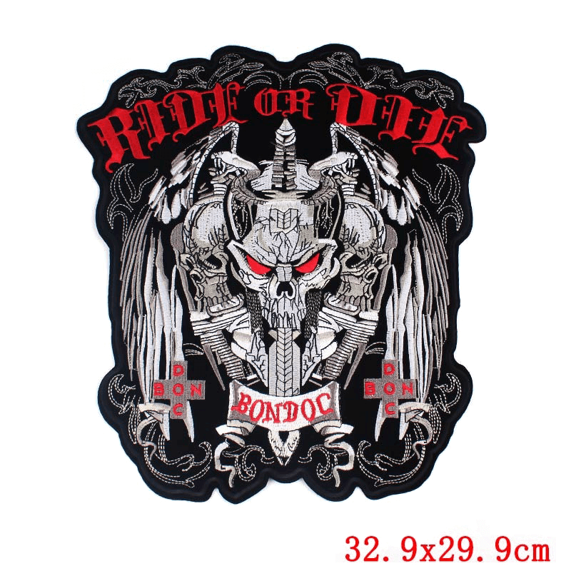 Ride or Die print iron-on patch featuring a skull and wings design, perfect for biker jackets and accessories.
