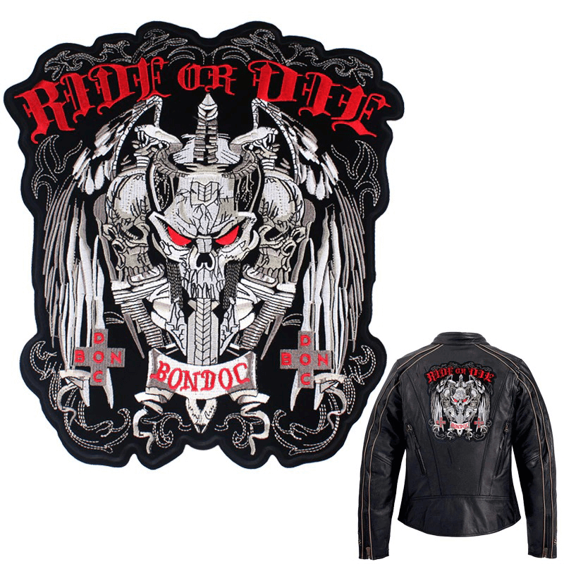 Ride or Die embroidered iron-on biker patch and black jacket, stylish accessory for motorcycle enthusiasts.