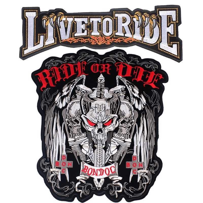 Ride or Die print iron-on patches featuring skull design for biker jackets and clothes.