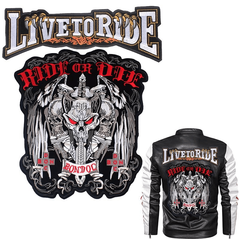 Ride or Die embroidered iron-on patches displayed with a leather jacket, perfect for biker style fashion.