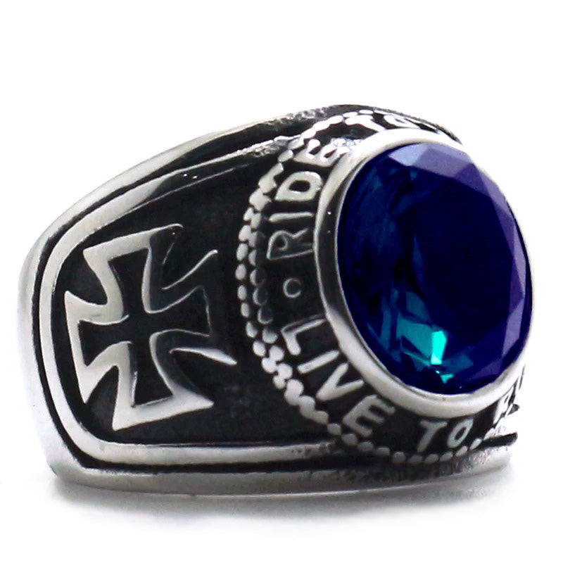 Ride To Live, Live To Ride / Biker Cross Rock Style Ring / Unisex Stainless Steel Blue Stone Ring - HARD'N'HEAVY