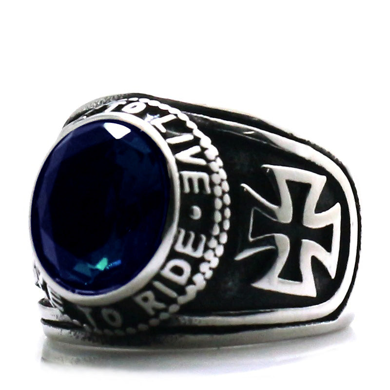 Ride To Live, Live To Ride / Biker Cross Rock Style Ring / Unisex Stainless Steel Blue Stone Ring - HARD'N'HEAVY