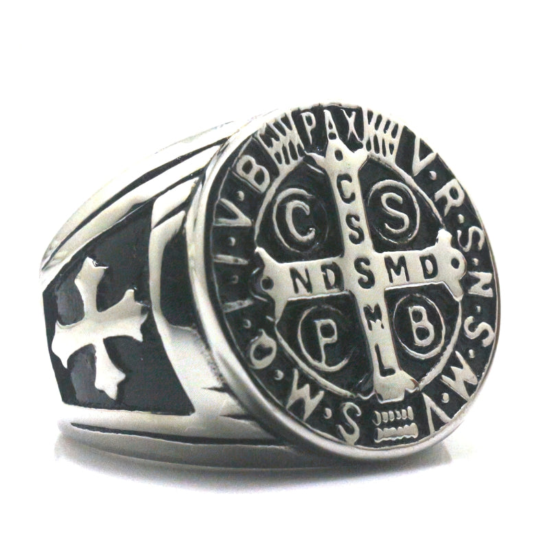 Unisex black ring featuring Saint Benedict symbols, perfect for vintage and gothic style enthusiasts.