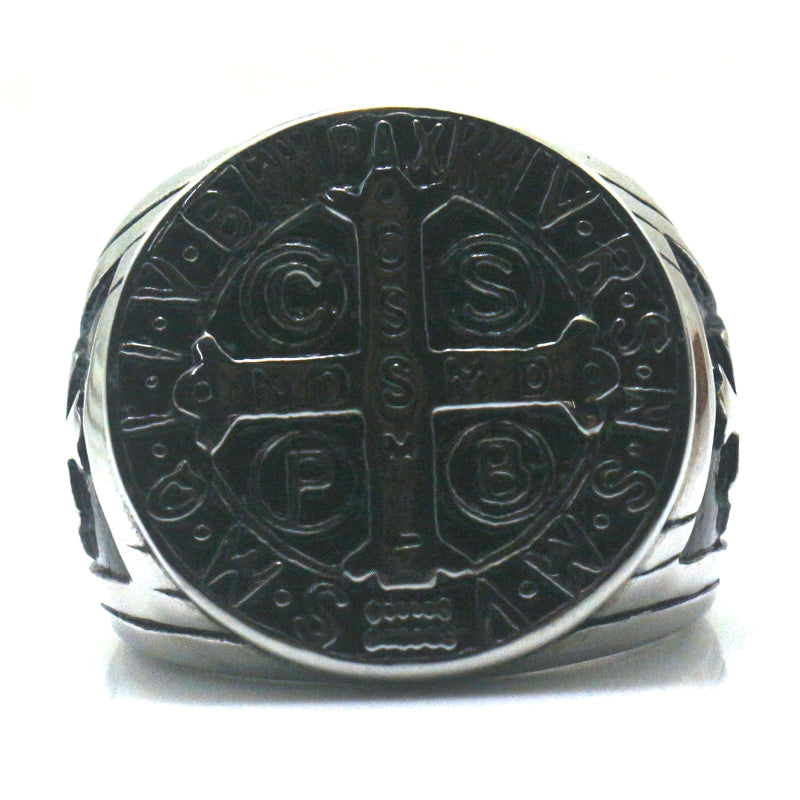 Unisex black vintage ring featuring Saint Benedict symbol cross design for gothic style accessories.