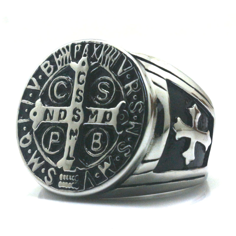 Unisex black vintage gothic ring featuring Saint Benedict symbol and cross design, made of durable quality metal.