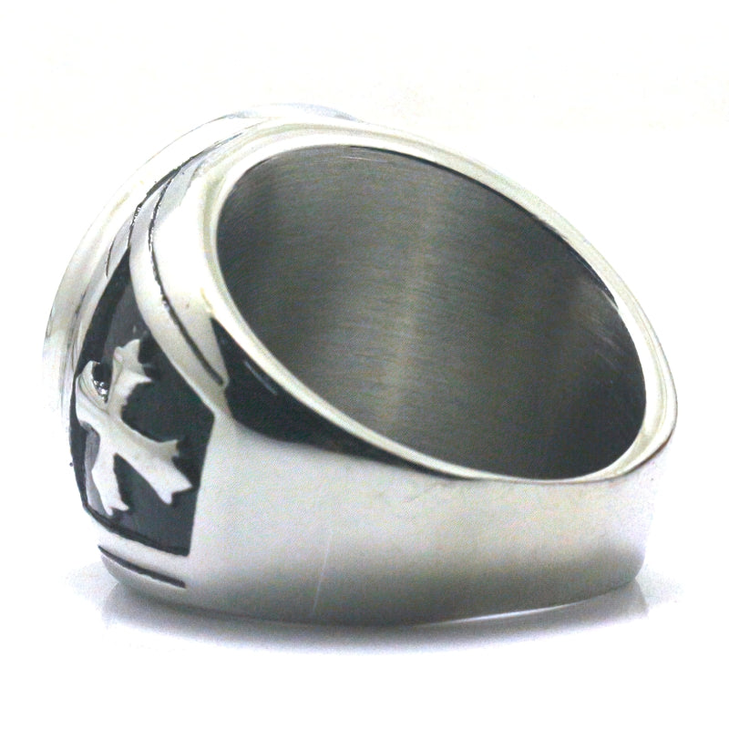 Unisex black vintage gothic ring featuring a Saint Benedict cross symbol, crafted from durable metal.